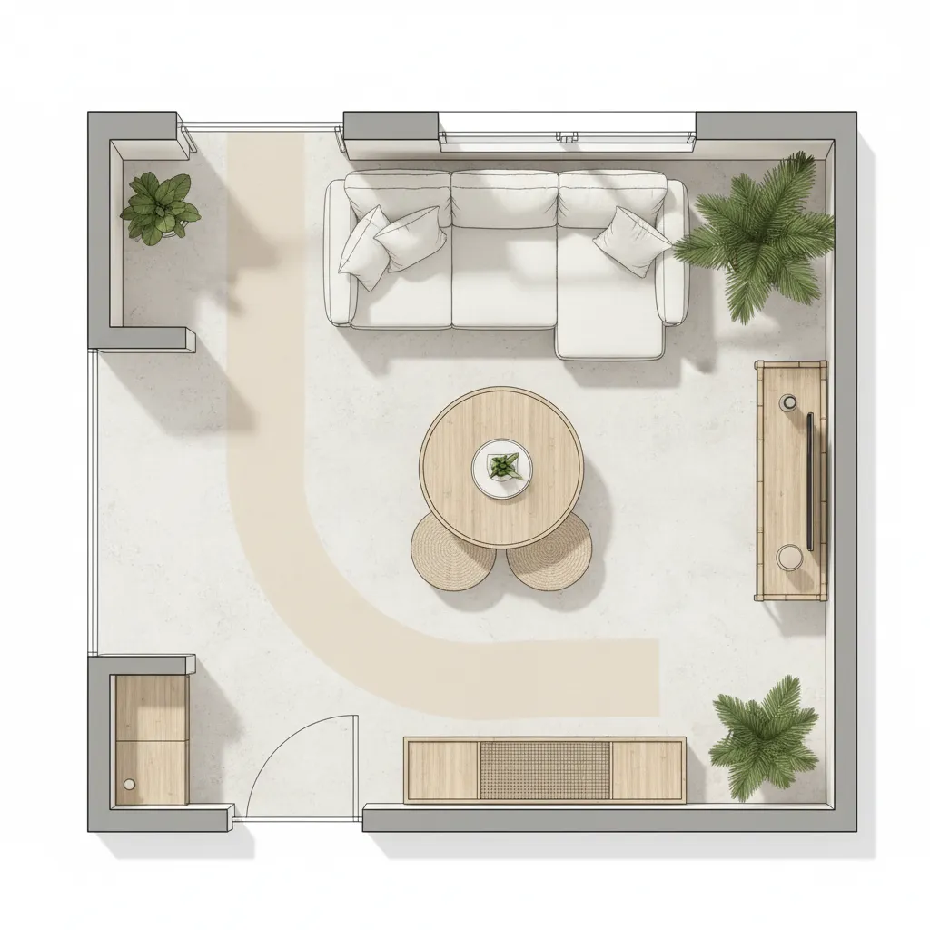 Small living room layout plan showing furniture placement