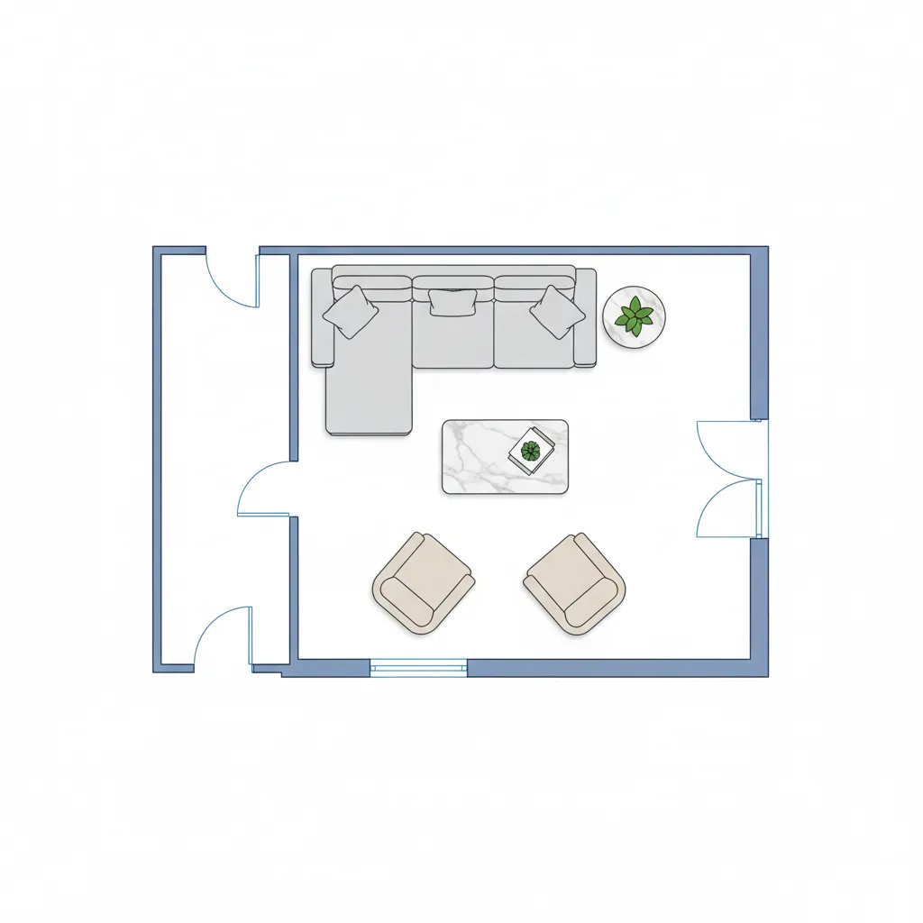 top view layout diagram of a small apartment living room furniture arrangement