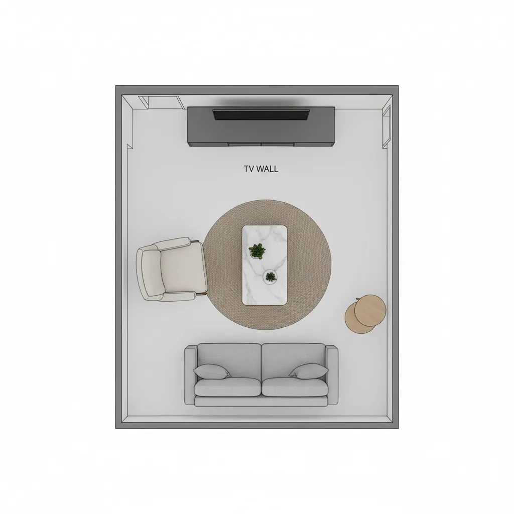 Top view living room floor plan showing optimized small space furniture layout