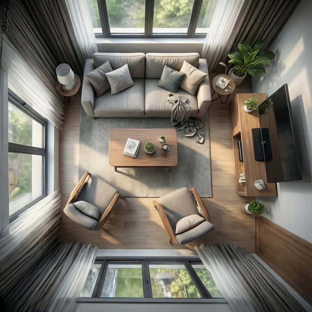 small living room layout plan with compact furniture