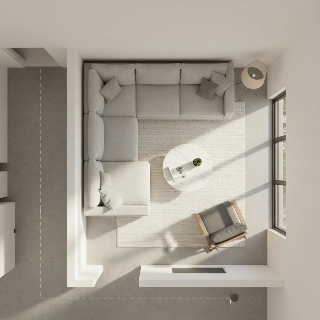 Small living room floor plan layout showing proper furniture spacing and circulation paths
