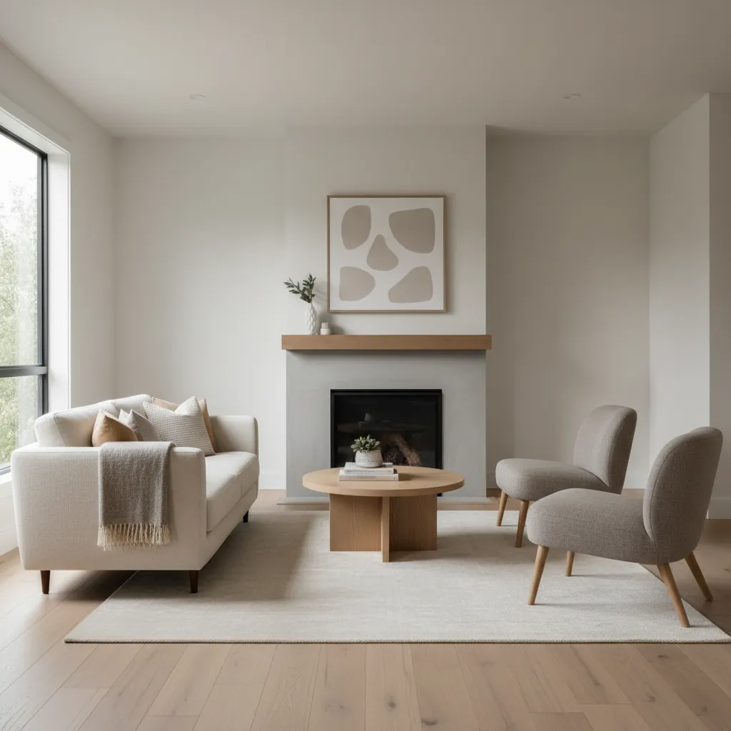 Minimalist living room with white sofa grey chairs round wooden coffee table and cozy fireplace