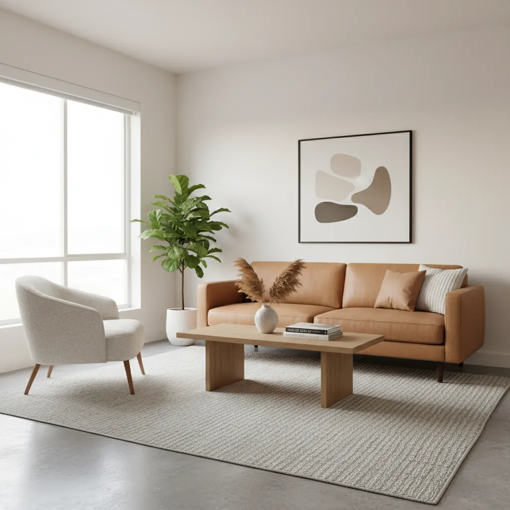 Modern living room with brown leather sofa white armchair coffee table green plant and rug