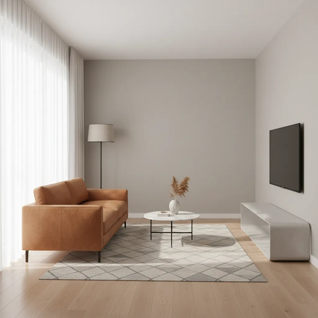 small apartment living room with compact leather sofa and open layout