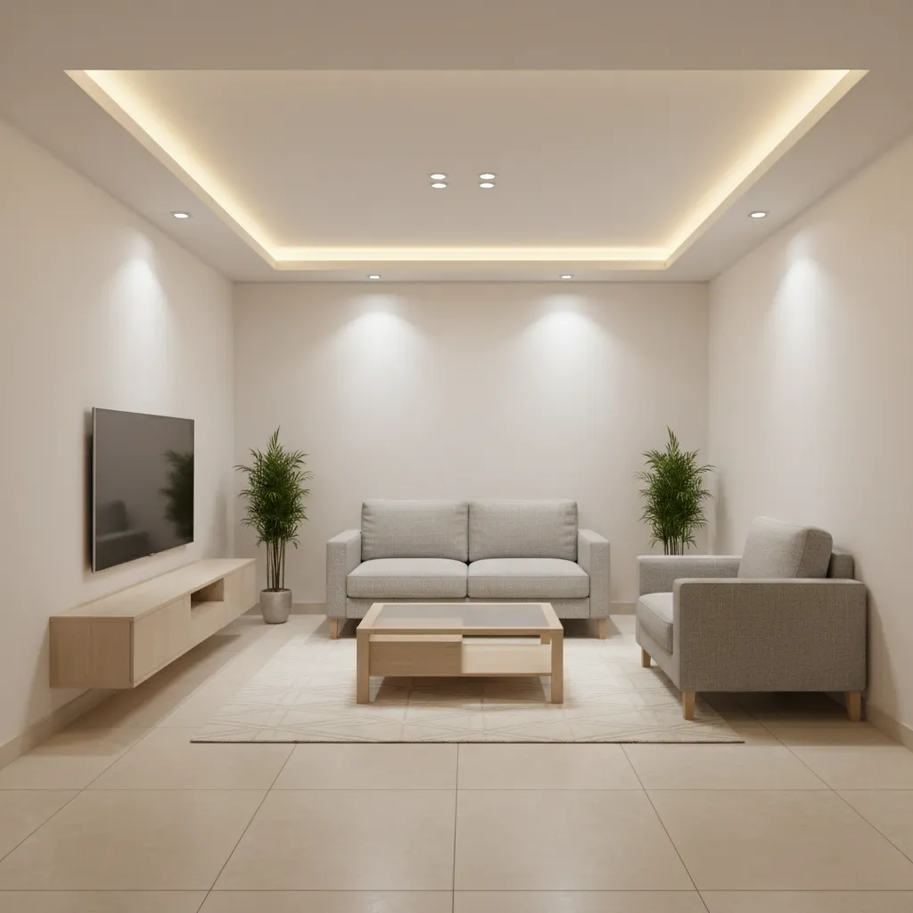 small living room with hidden LED strip POP ceiling design