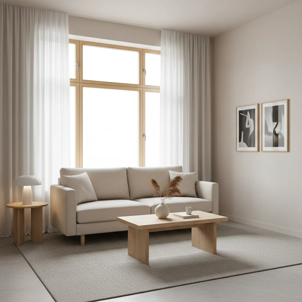 Small living room with soft neutral color palette and natural lighting