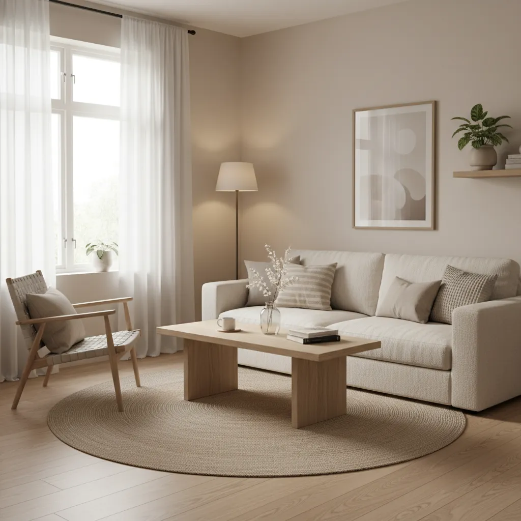 Sala pequeña decorada con colores claros y materiales naturales
