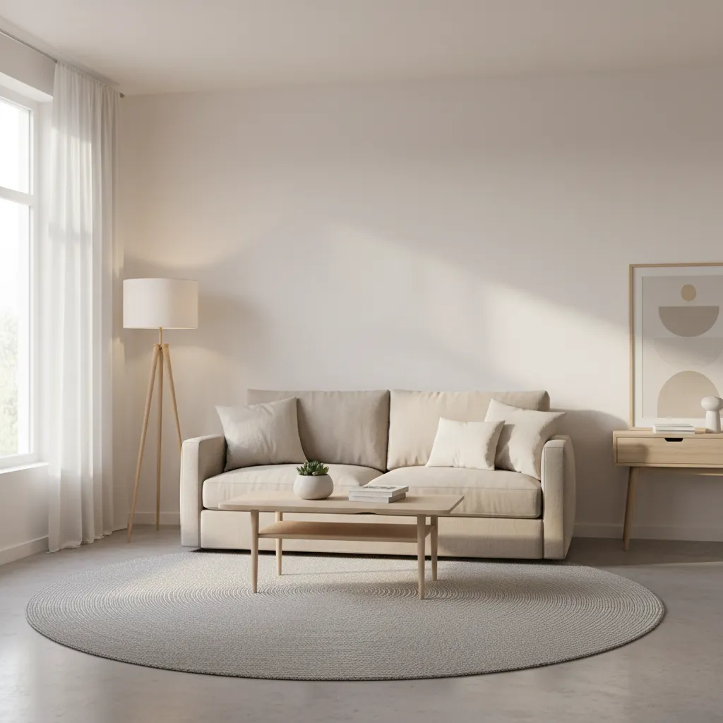 sala pequeña con paredes blancas cálidas y decoración minimalista