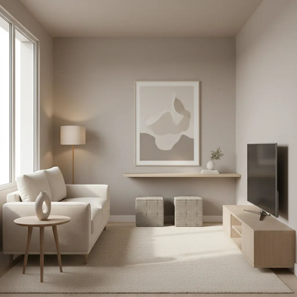 small living room with light taupe walls and cohesive neutral palette