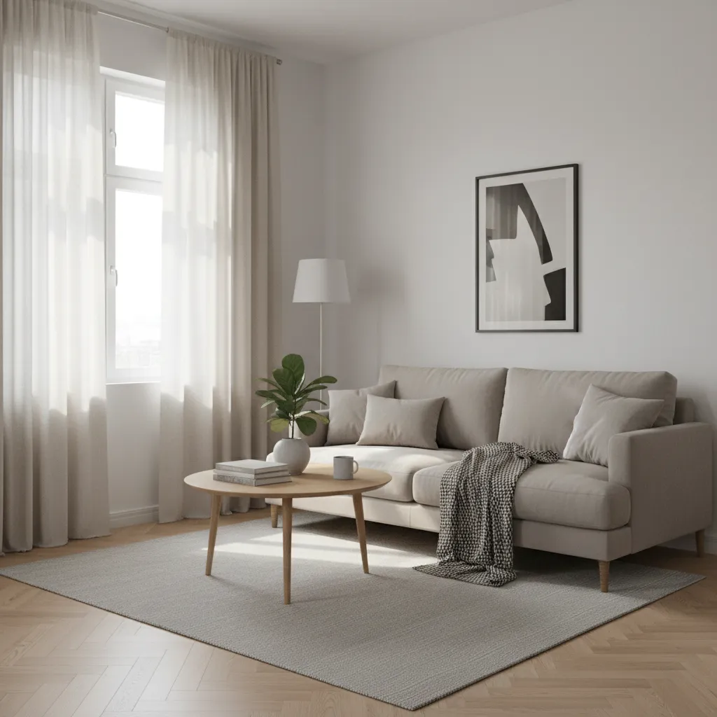 Compact living room with light linen curtains allowing natural daylight