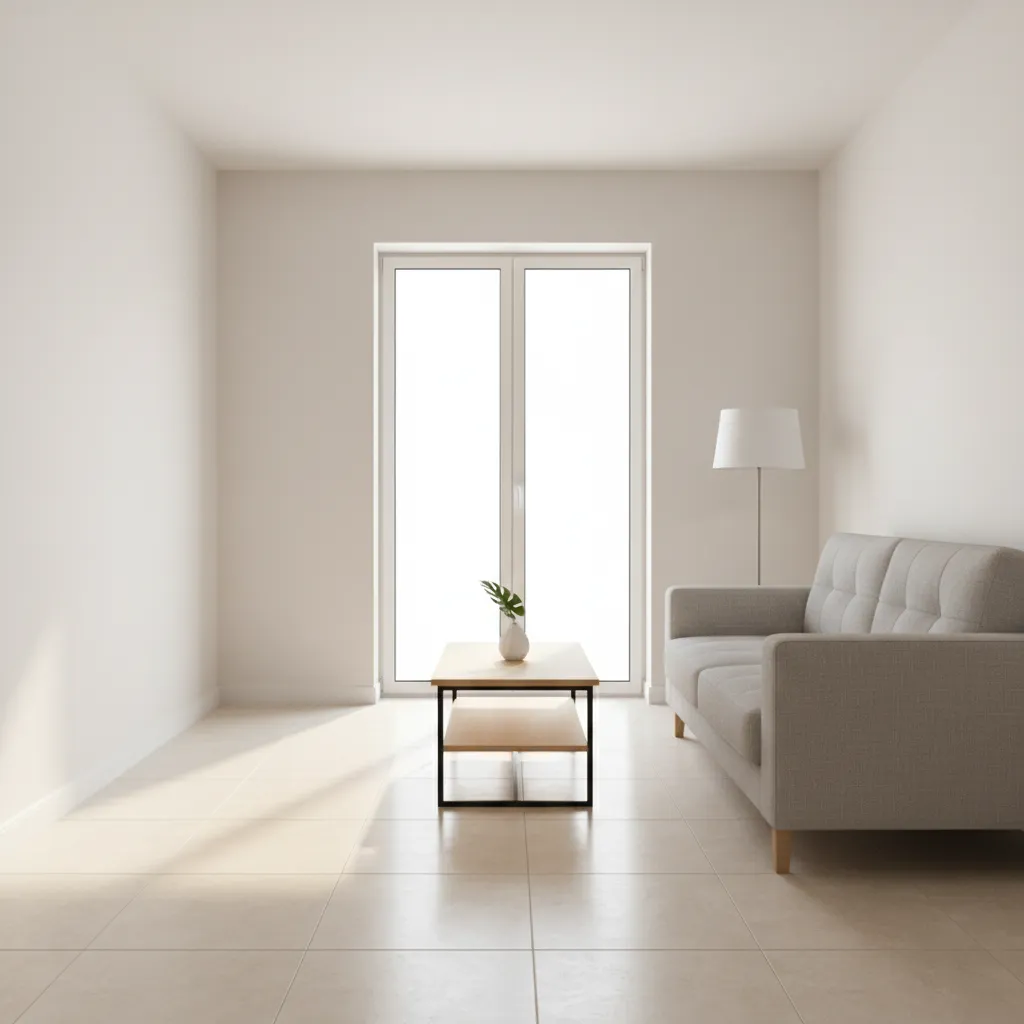 compact living room with light porcelain tiles and modern sofa