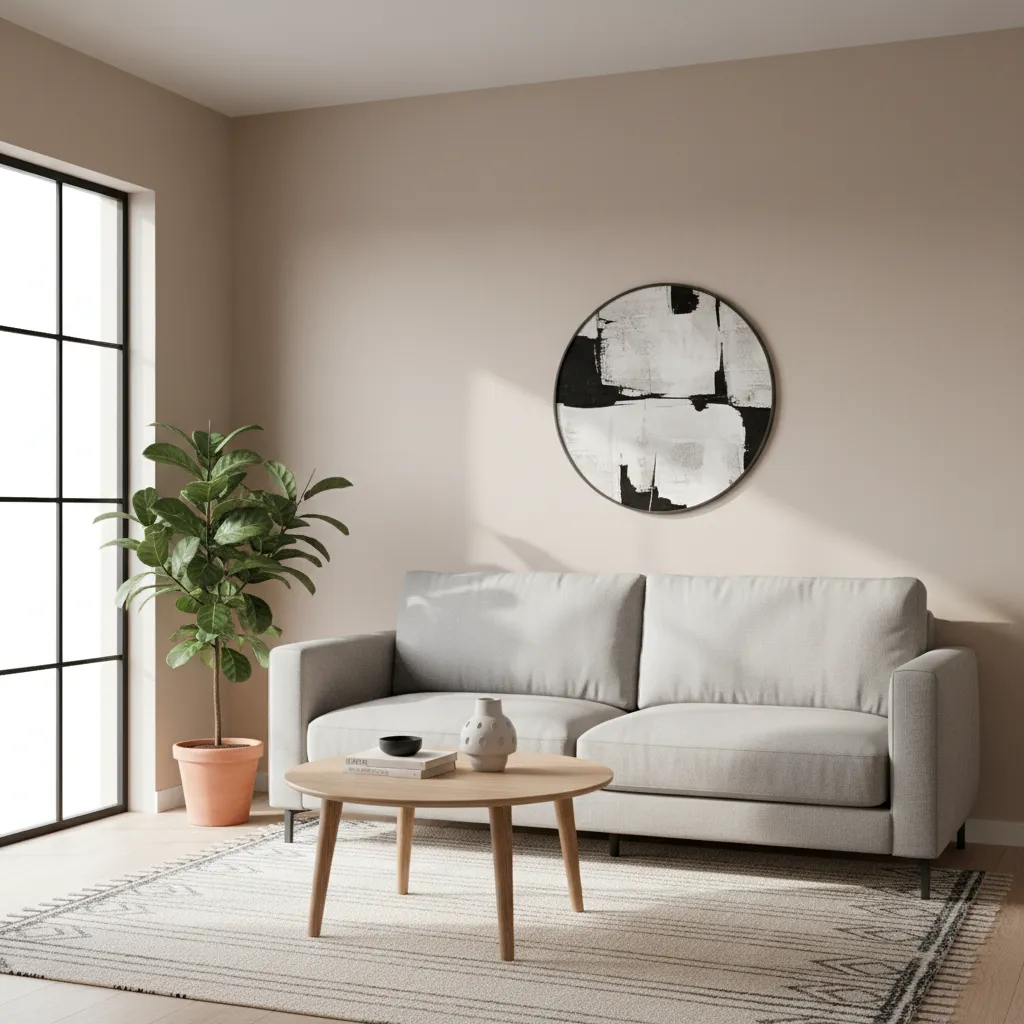 Compact living room with light neutral wall colors that visually enlarge the space