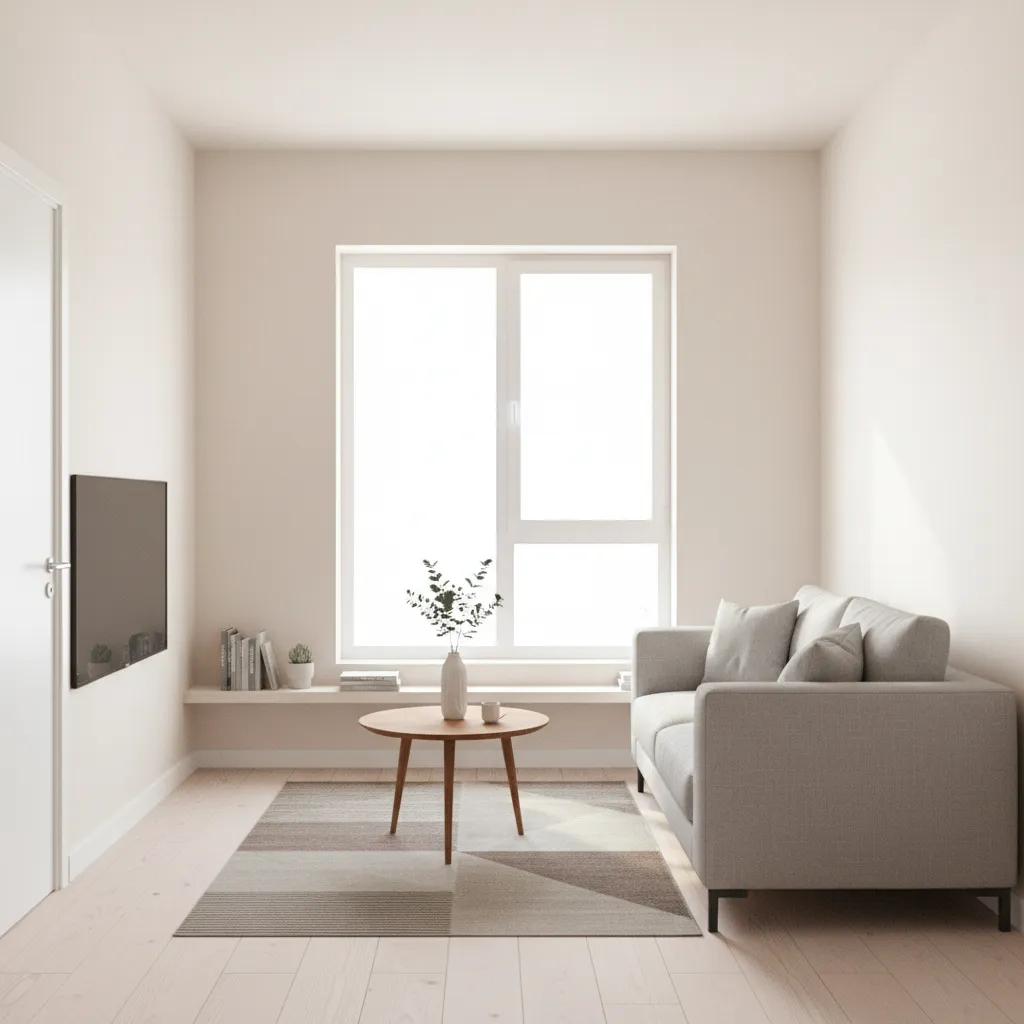 Sala pequeña con paredes claras y decoración minimalista que maximiza la sensación de amplitud