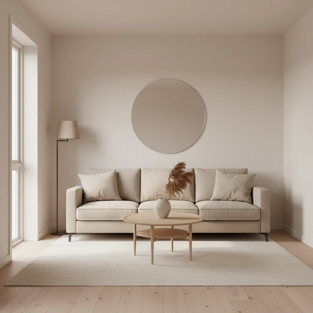 Small living room with warm neutral walls and compact modern sofa