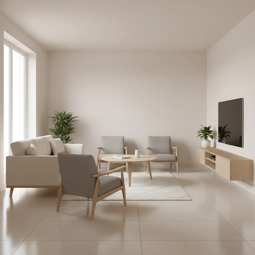 Small living room with light colored floor tiles that make the space appear larger