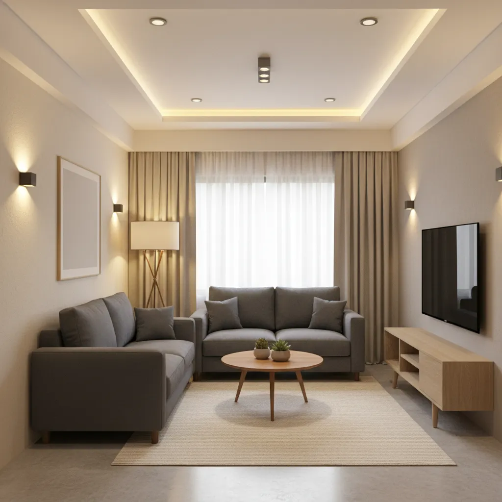 Layered lighting setup in a small apartment living room with ceiling lights and wall lamps