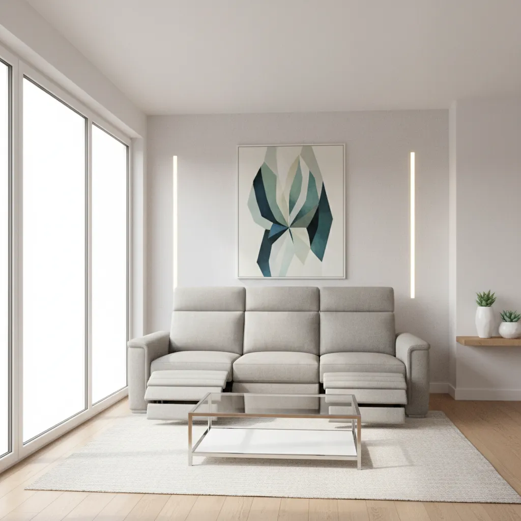 Small living room using wall lighting and minimal decor with reclining sofa