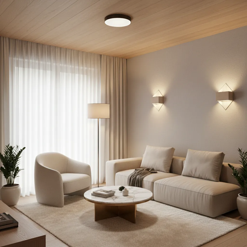 Layered lighting setup in a small living room with floor lamp and ceiling light