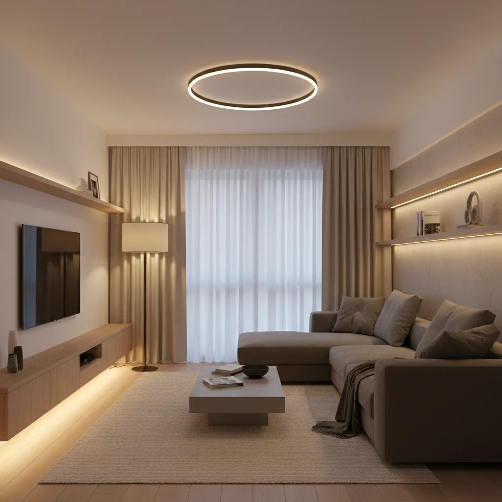 Modern small living room showing layered lighting with floor lamp and ambient lighting