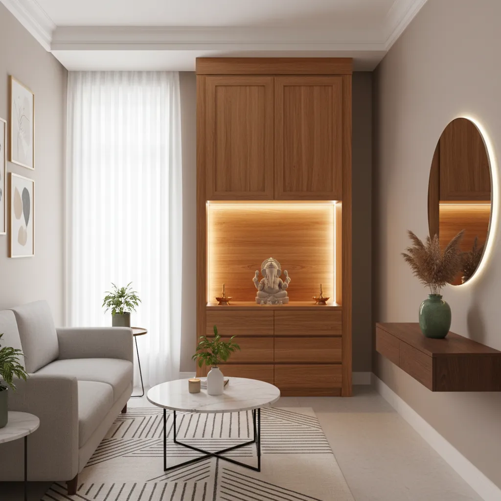 Compact wooden mandir cabinet in a small living room
