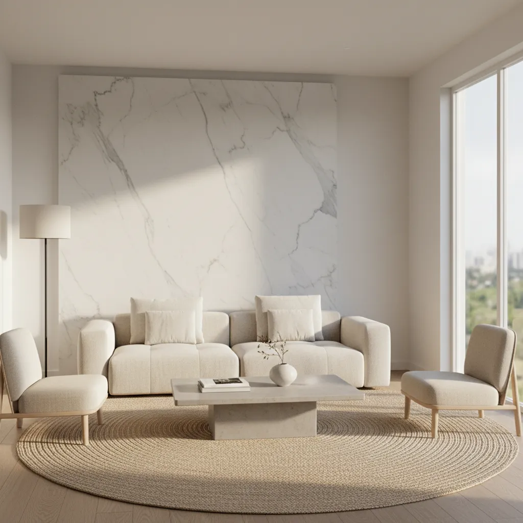 Compact living room with a light marble accent wall behind the sofa