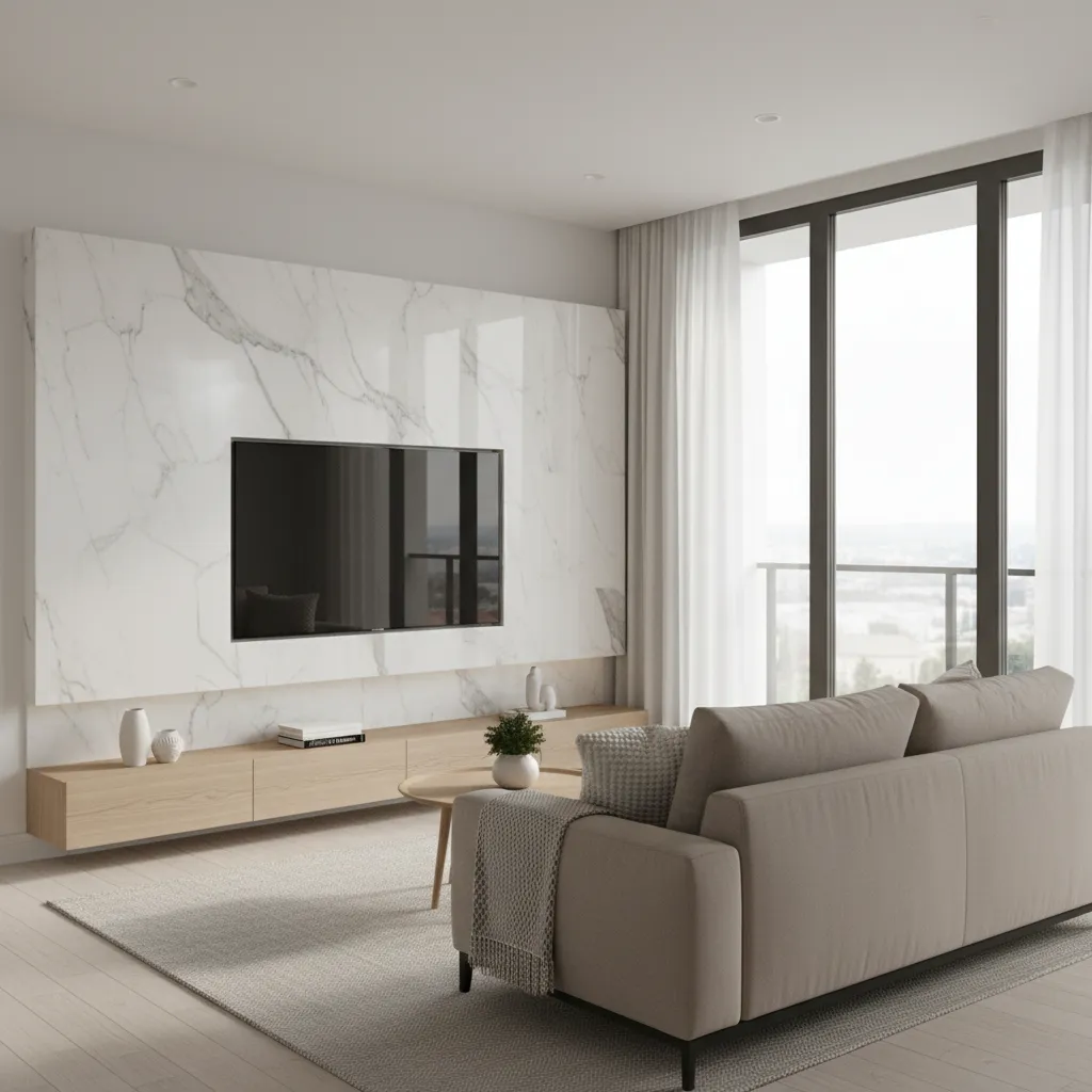 small living room with white marble TV wall feature