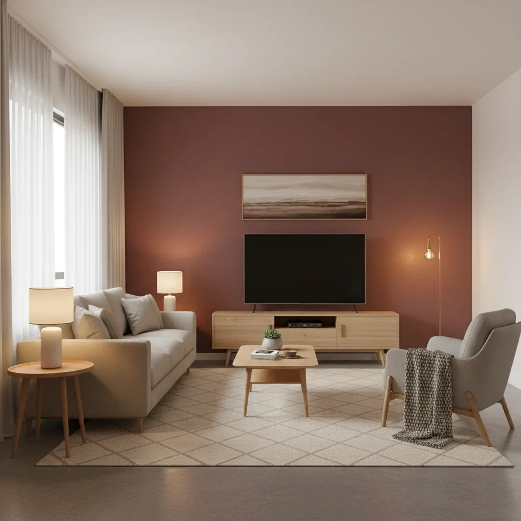 Small living room with maroon accent wall and neutral furniture