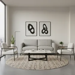 Modern living room with grey sofa, white chairs, coffee table, round rug, and framed art