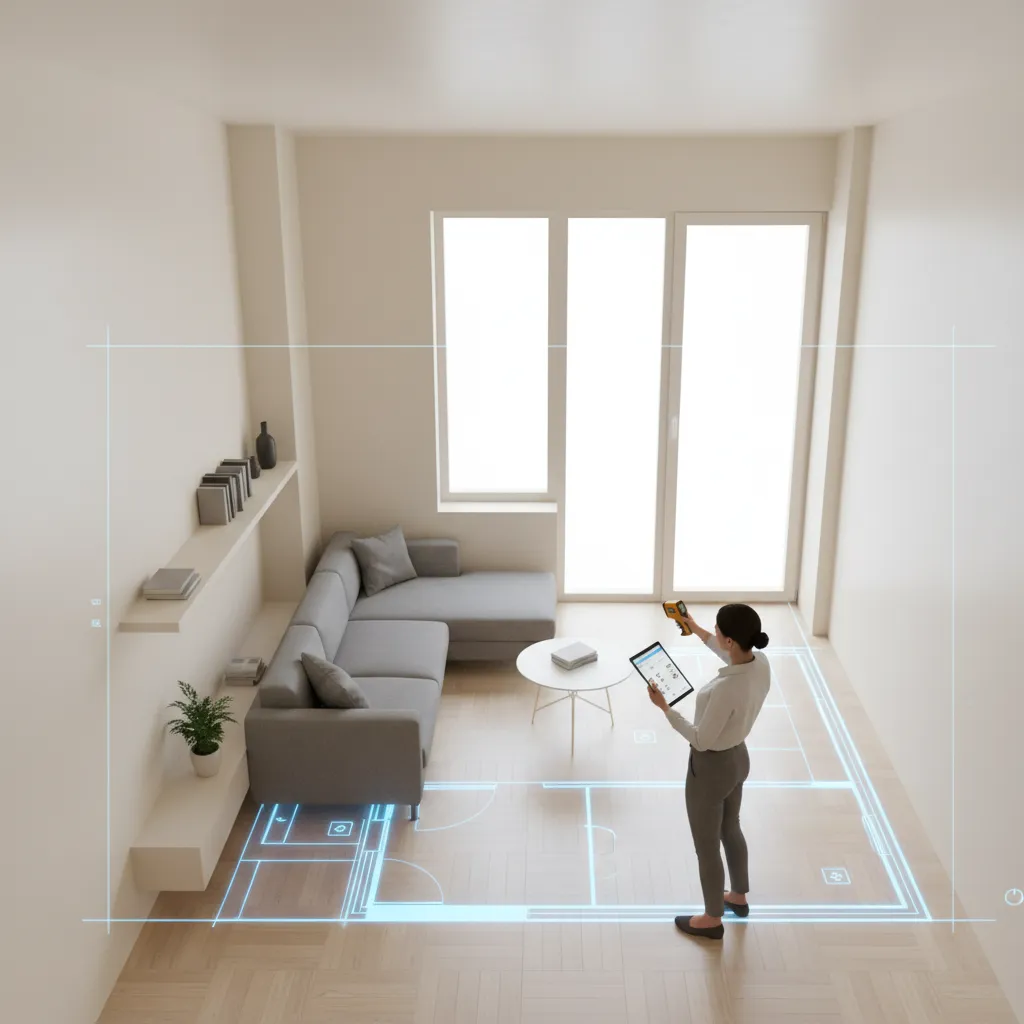 designer measuring and mapping dimensions of a small living room layout