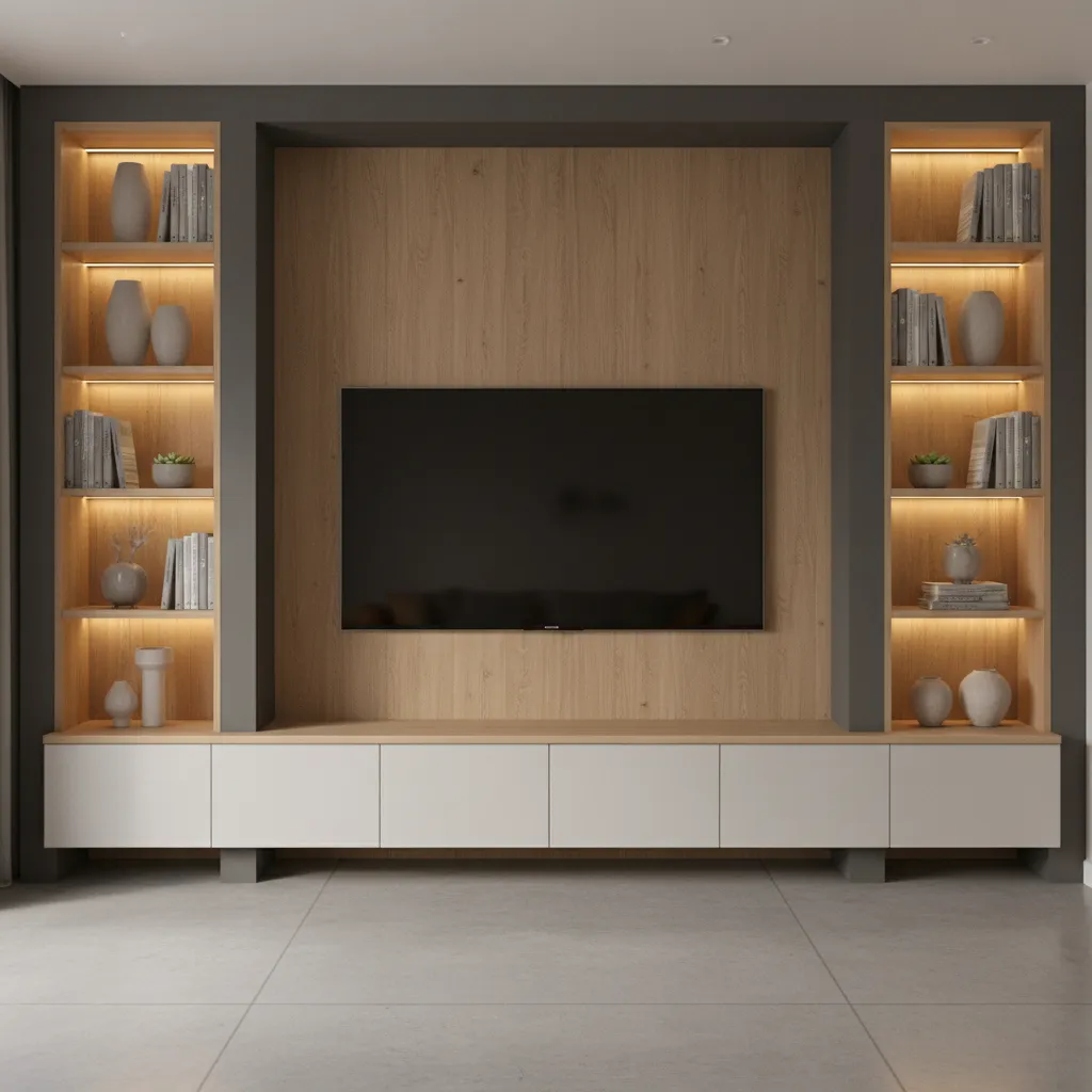 Built in media wall with shelving and wall mounted TV in a small living room