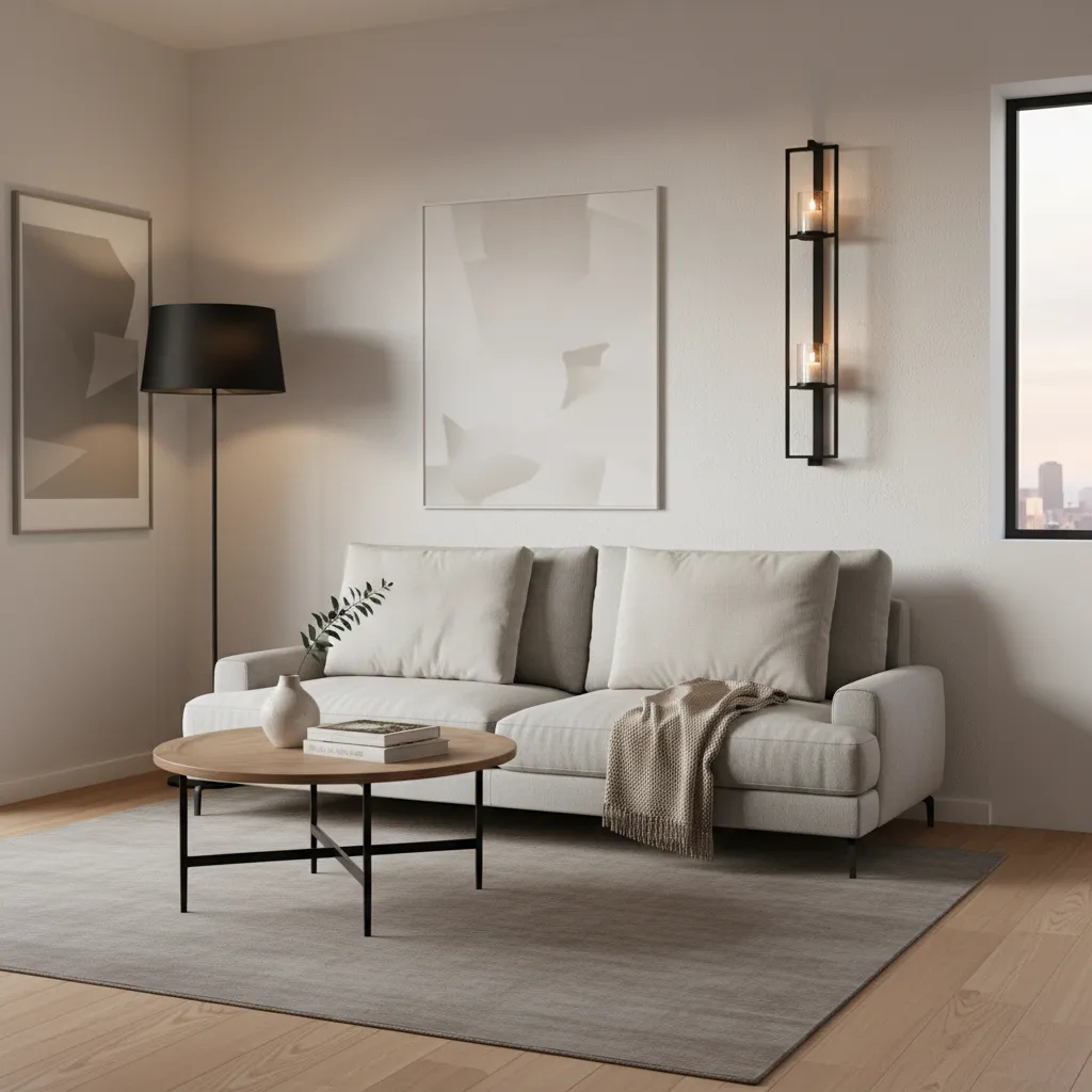 modern metal wall candle sconce in a compact apartment living room