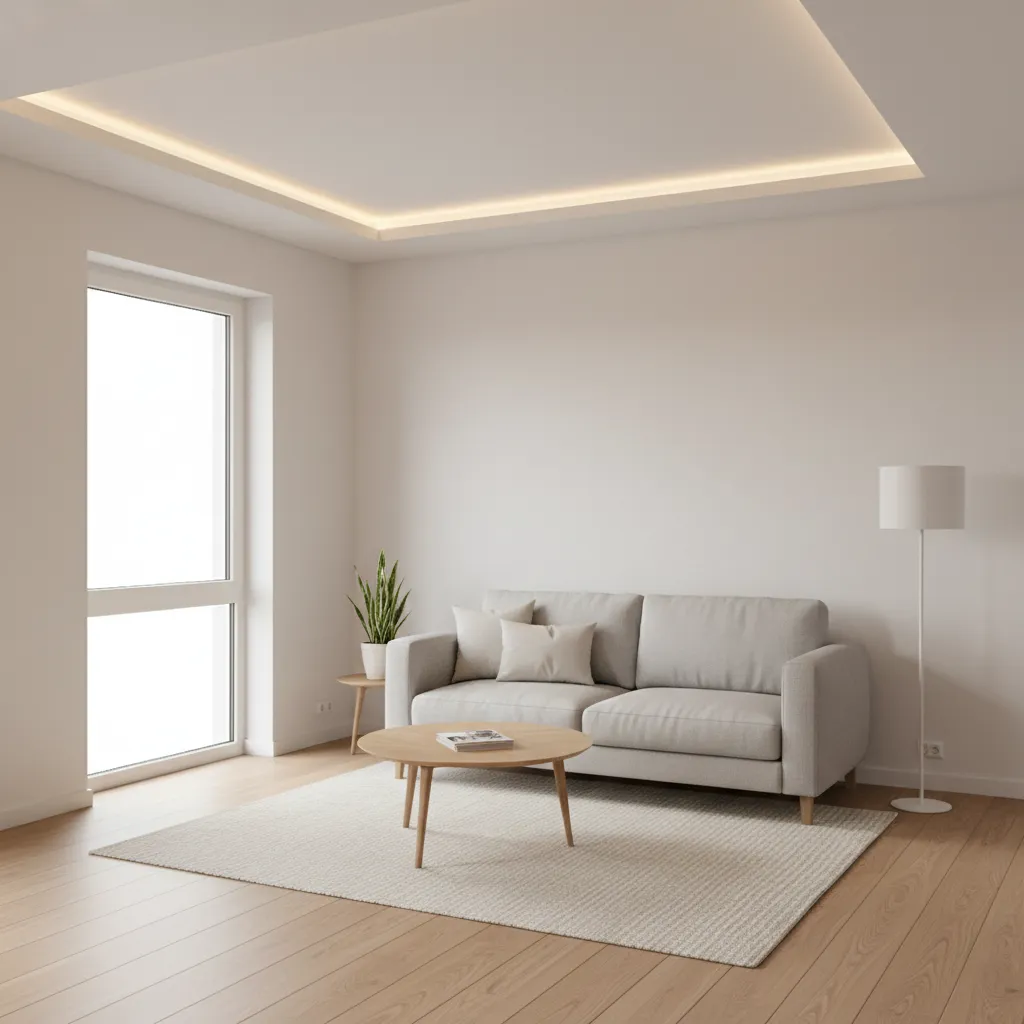 Small living room with simple minimalist false ceiling and recessed lighting