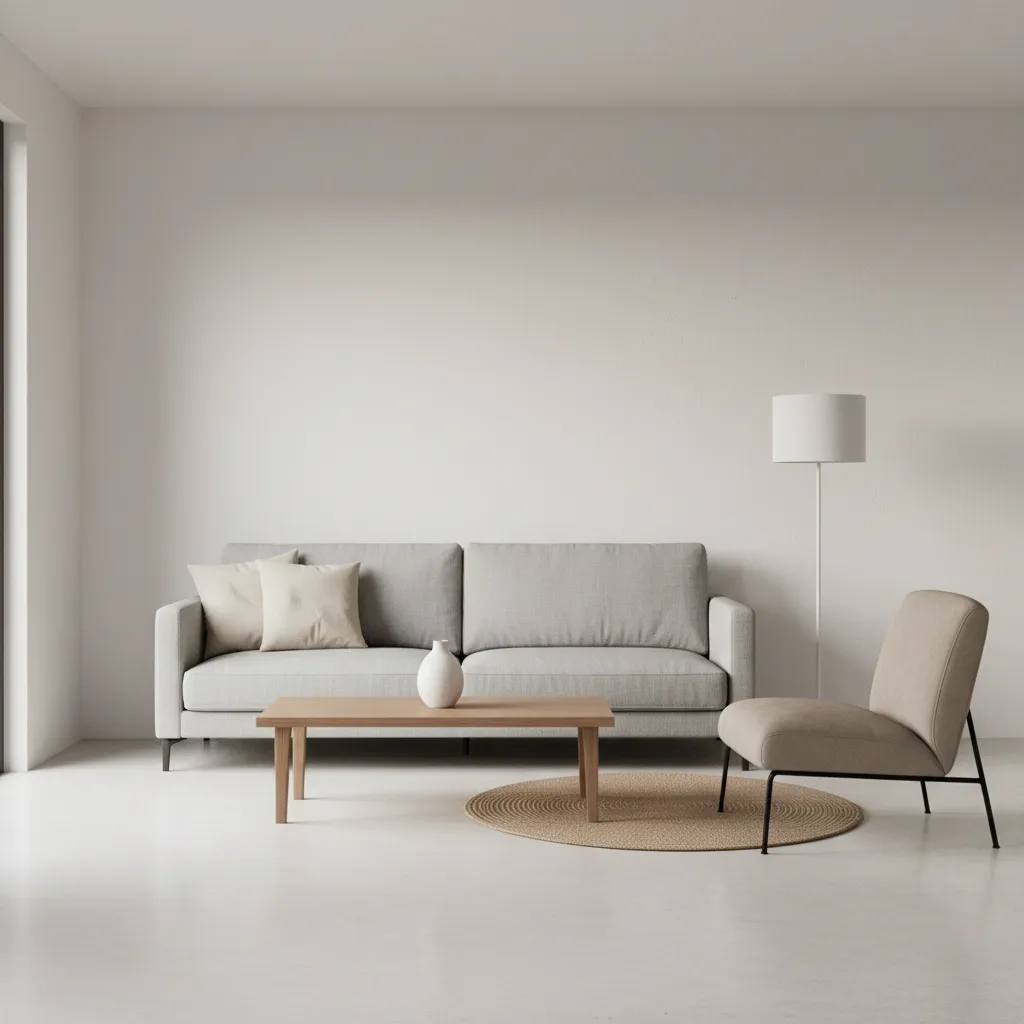 Minimalist small living room layout showing open circulation space