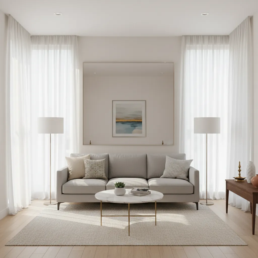 Small living room using mirrors and light colors to create spacious feel