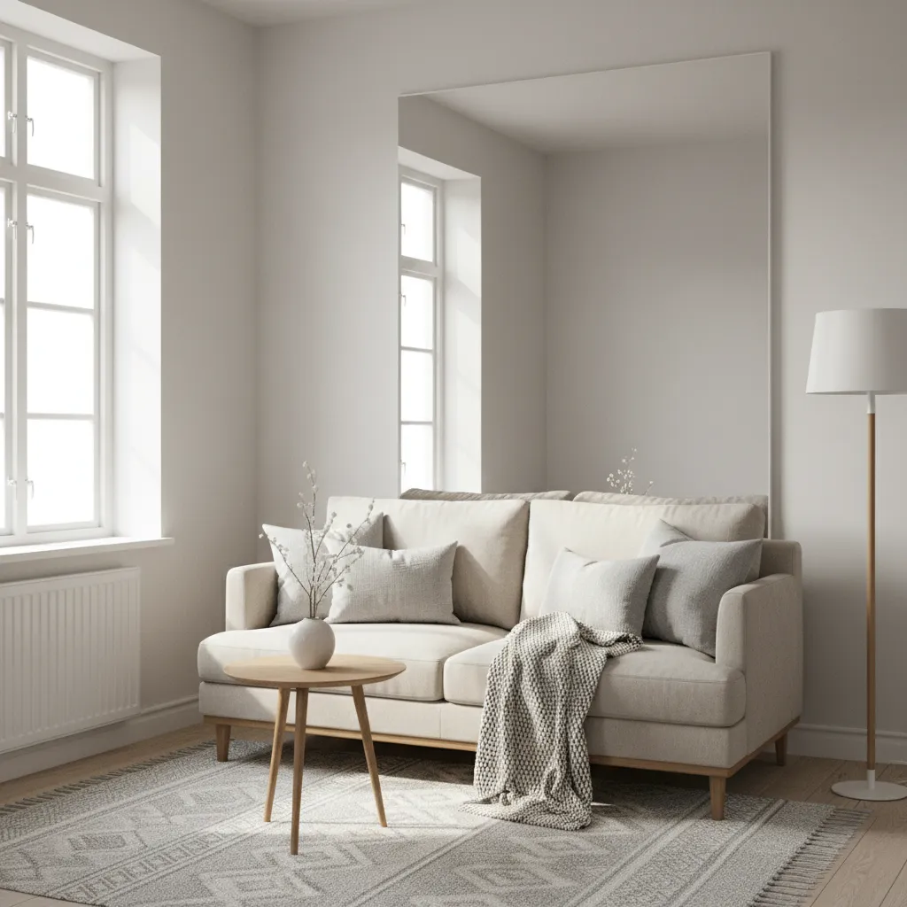 sala pequeña con espejo grande y decoración minimalista para ampliar espacio