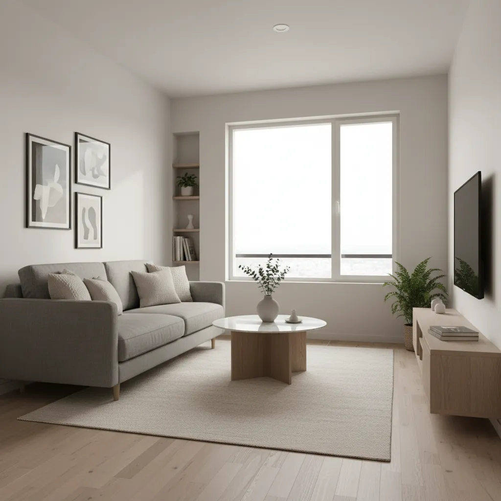 Salón moderno en apartamento pequeño con distribución abierta