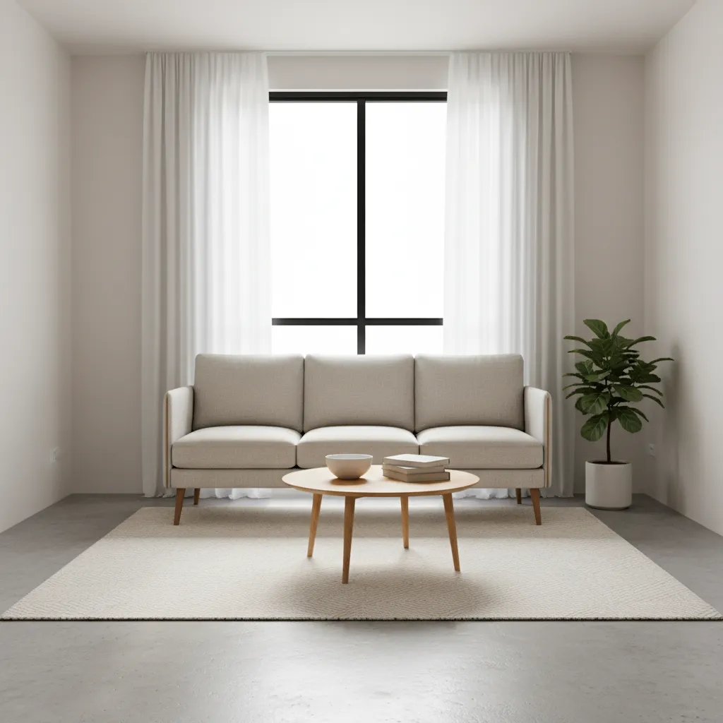 Small living room with modern slim sofa and open floor space