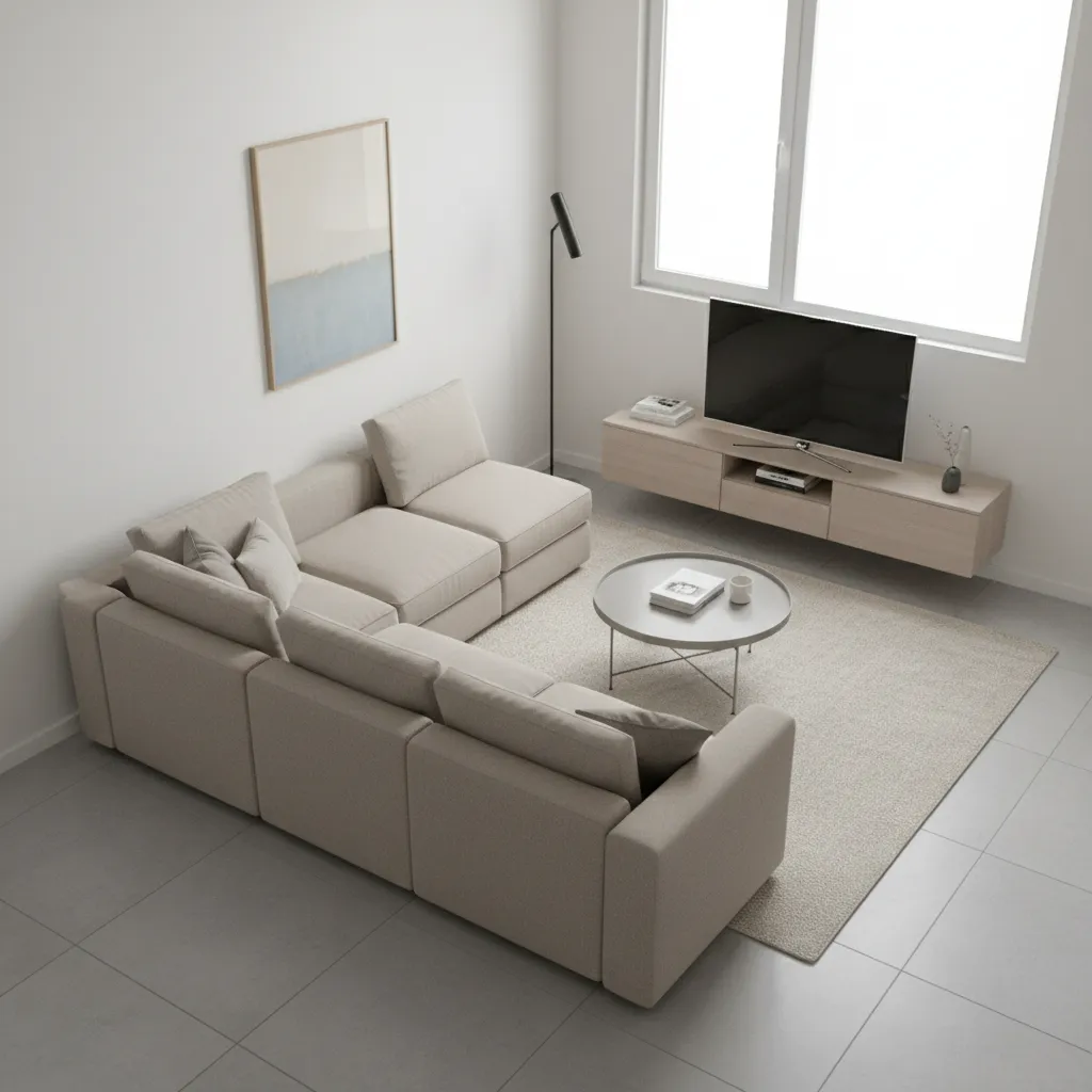 Beige sofa set with TV cabinet and round coffee table seen from a high angle