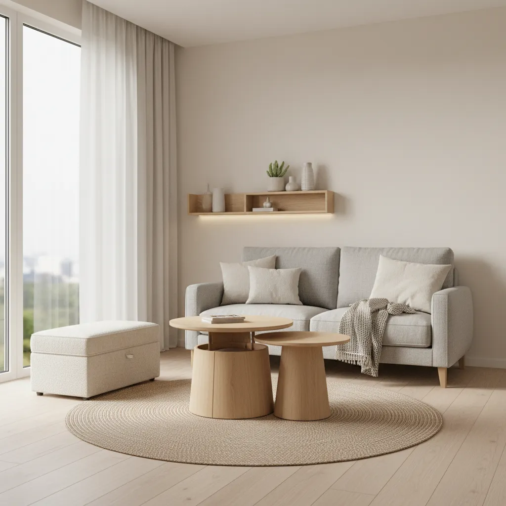 small living room with nesting tables and storage ottoman