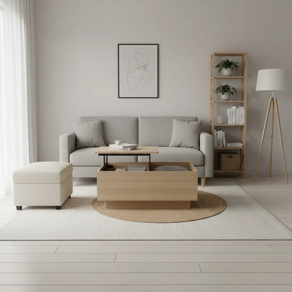 Small living room with storage ottoman and lift top coffee table