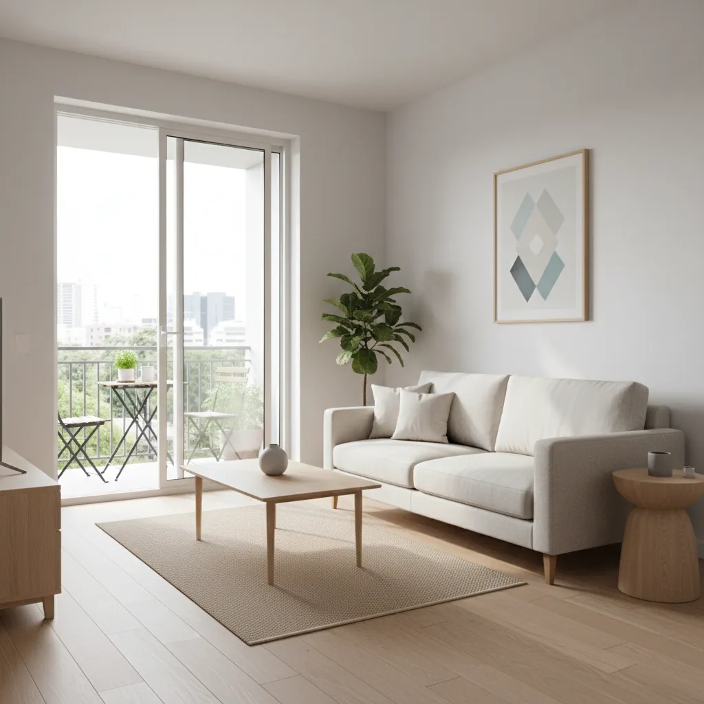 Small bright living room with sliding glass door bringing in natural light