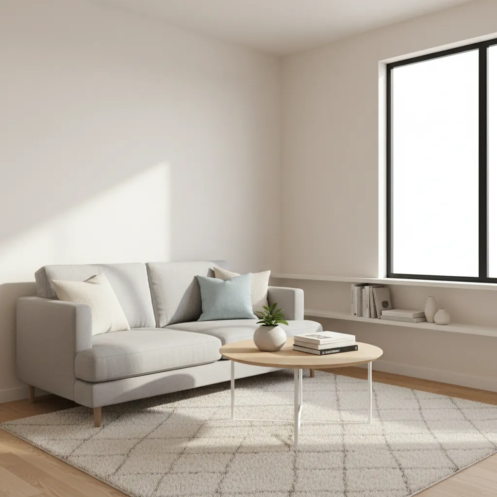 Small living room with soft neutral paint and natural light