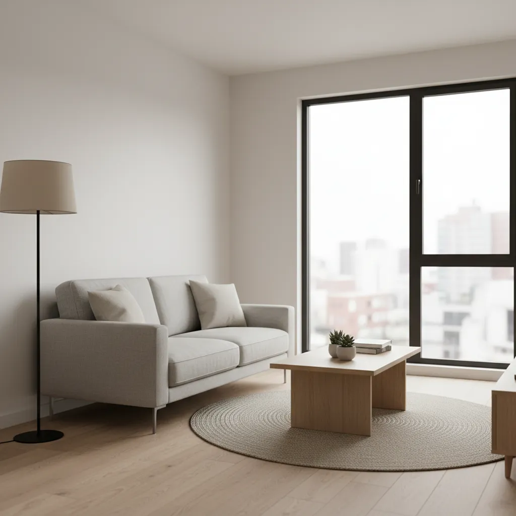 Small modern living room with open layout and minimal furniture arrangement