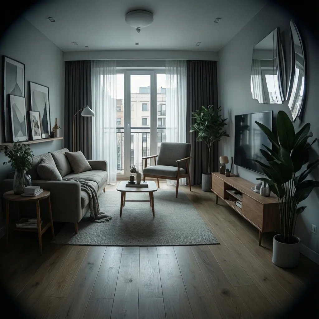 Small living room with grey sofa, wooden TV stand, small coffee table, and green plants