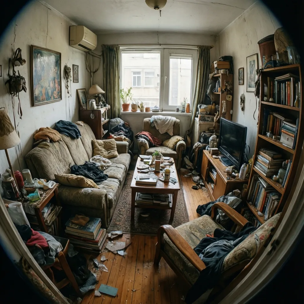 Messy living room with many books on tall shelves and old sofa covered in clothes