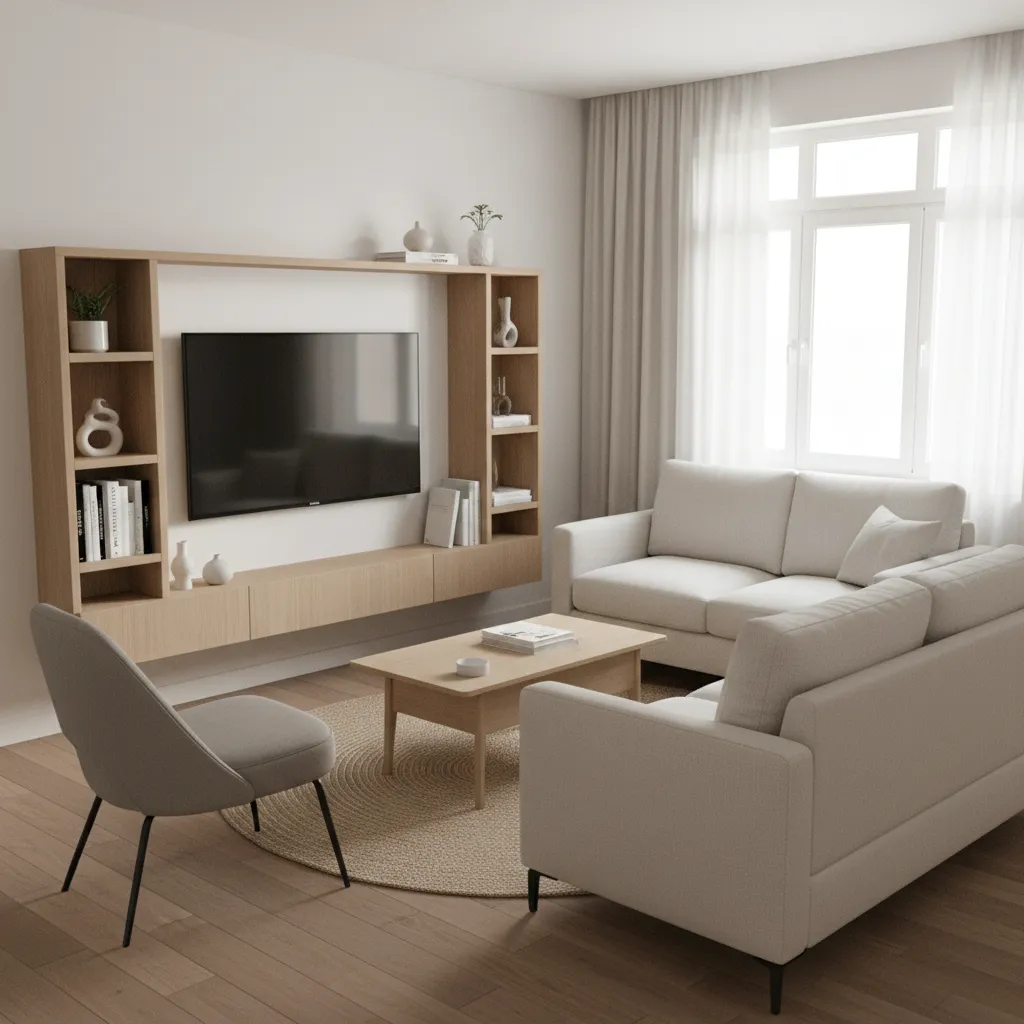 Typical small living room layout before rearranging furniture for a party