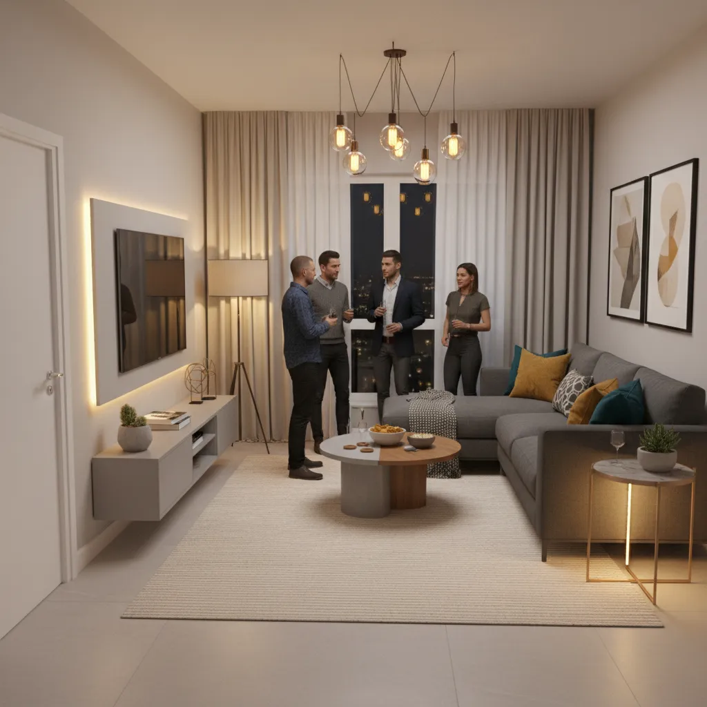 Small living room arranged for a compact house party layout