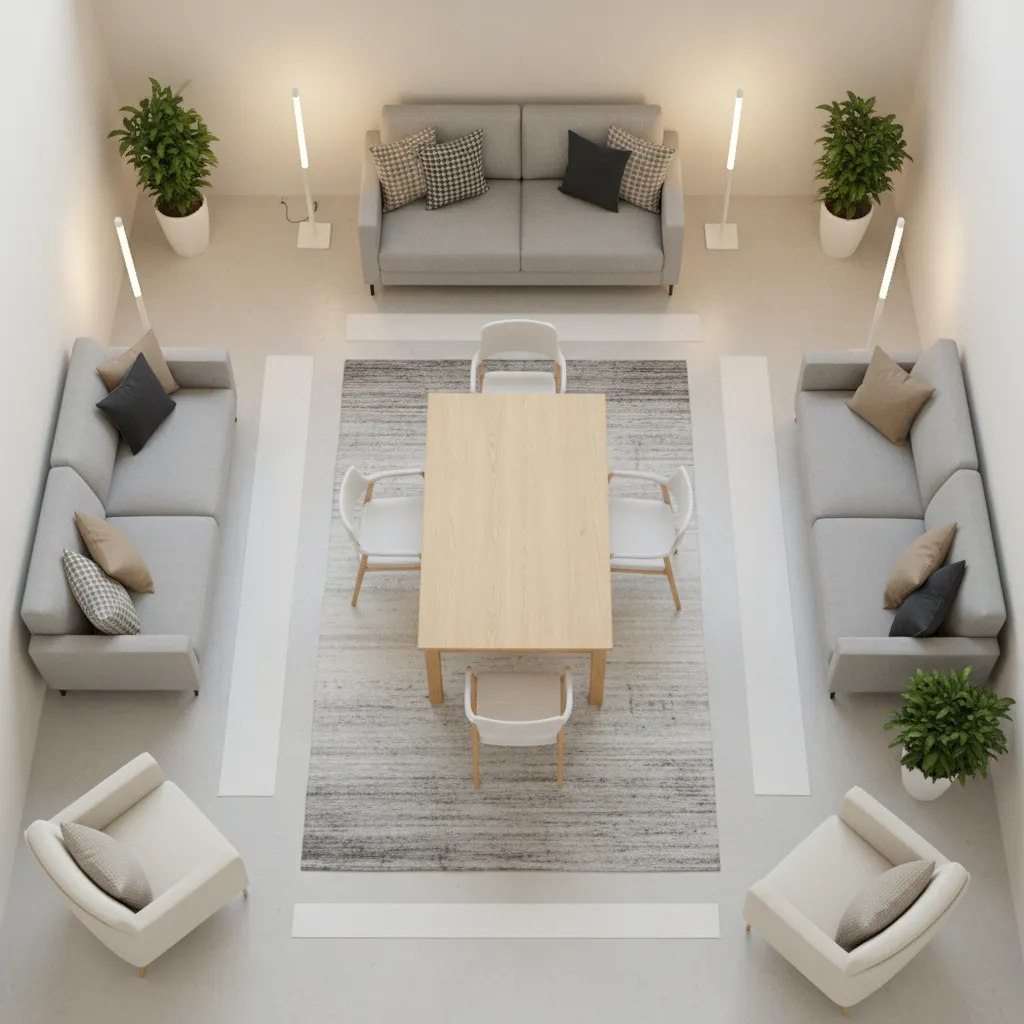 Example layout of small living room rearranged for a decorating party