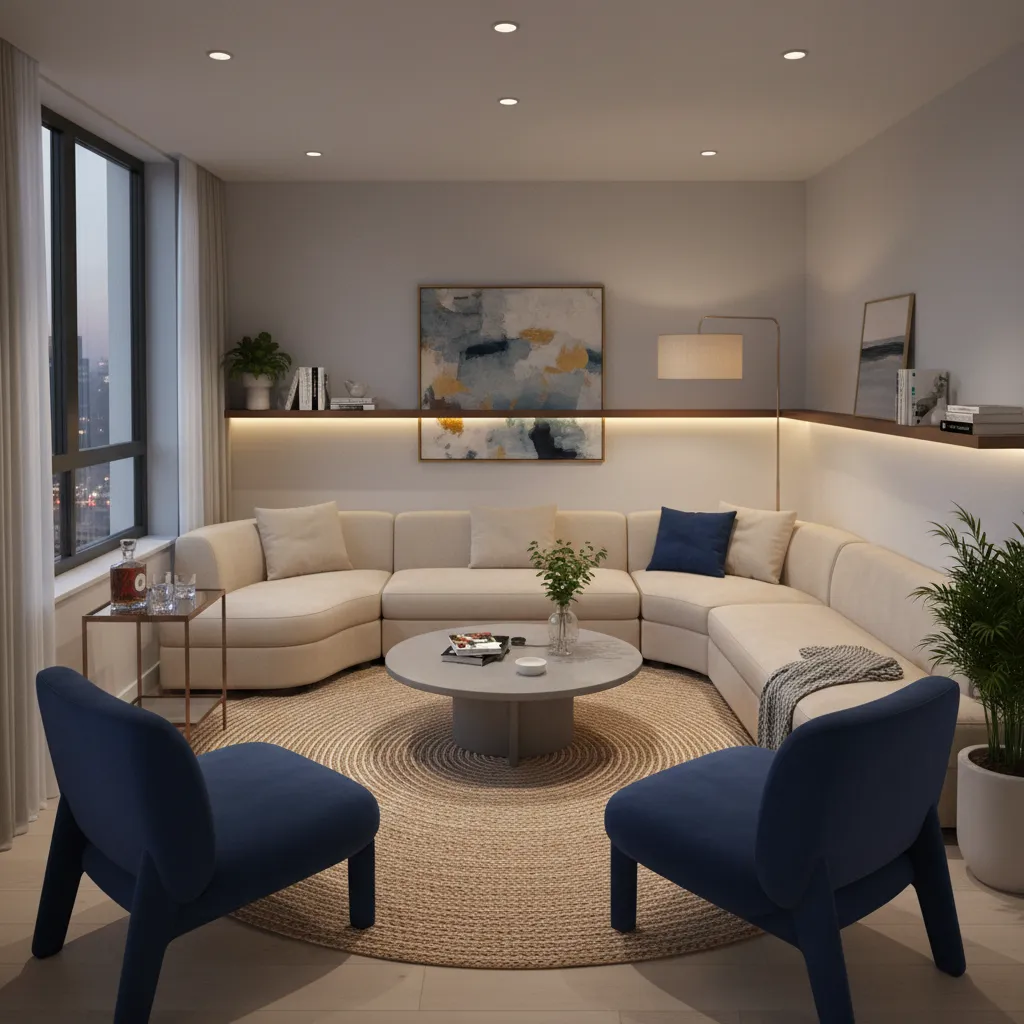 Optimized small living room furniture layout ready for entertaining guests