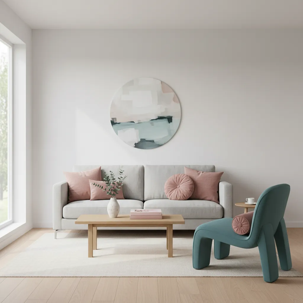 Small living room with neutral base and pink and teal accent decor